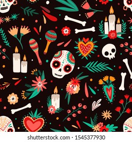 Day of dead seamless pattern. Decorated sugar skulls, maraca shakers, flowers and candles backdrop. Mexican traditional holiday decorative background. Festive wrapping paper design.