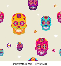 Day of Dead Seamless pattern design with bright colorful skulls, hearts and flowers. Creative design for background, social media, ad, promotion, card, cover, web.