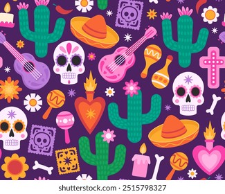 Tag des Toten nahtlosen Musters. Design zum Verpacken von Papier, Textil. Nette Cartoon-Illustrationen. Zuckerschädel, Sombrero, Ukulele, Kerzen, Marocas, Kaktus, Papel Picado, Blumen auf dunklem Lila.