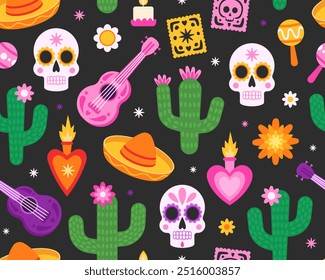 Dia dos Mortos padrão sem emenda. Design para embrulhar papel, têxtil. Lindas ilustrações em quadrinhos. Crânio de açúcar, sombrero, ukulele, cacto, flores em um fundo preto.