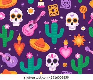 Dia dos Mortos padrão sem emenda. Design para embrulhar papel, têxtil. Lindas ilustrações em quadrinhos. Crânio de açúcar, sombrero, ukulele, cacto, flores em um fundo roxo.