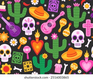 Day of the Dead seamless pattern. Design for wrapping paper, textile. Cute cartoon illustrations. Sugar skull, sombrero, ukulele, candles, marocas, cactus, papel picado, flowers on dark black.