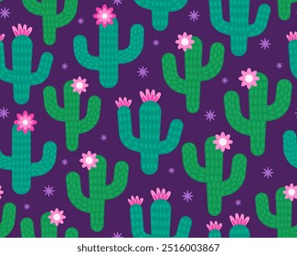 Patrón sin fisuras del Día de Muertos. Diseño para papel de regalo, textil. Lindas ilustraciones de dibujos animados. Cactus verdes y flores rosadas sobre un fondo púrpura oscuro.