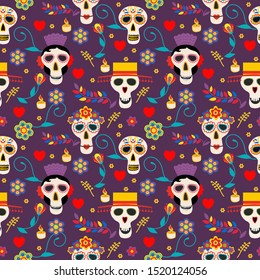 Day of the dead seamless pattern. Dia de los muertos mexican festival seamless color pattern with dead colors sugar skulls, flowers and hearts on dark background.