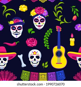 Day of the Dead seamless pattern. Dia de los muertos. Mexican celebration.