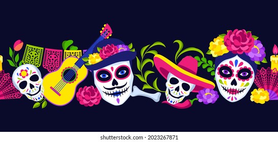 Day of the Dead seamless pattern. Dia de los muertos. Mexican celebration.