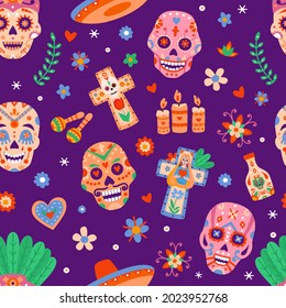 Day of dead seamless pattern. Dia de los muertos sugar skulls and flowers. Mexican halloween festival with skeletons heads flat vector print. Illustration pattern death mexican, muertos mexico
