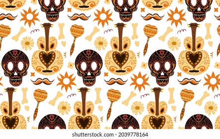 Day of the dead seamless pattern. Dia de los Muertos hand drawing repeating texture. Mexican holiday Halloween with sugar skulls background wallpaper or paper. Vector illustration