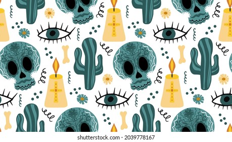 Day of the dead seamless pattern. Dia de los Muertos hand drawing repeating texture. Mexican holiday Halloween with sugar skulls background wallpaper or paper. Vector illustration