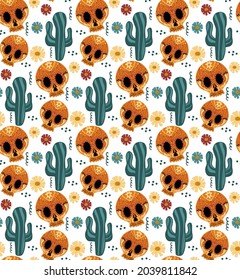 Day of the dead seamless pattern. Dia de los Muertos hand drawing repeating texture. Mexican holiday Halloween with sugar skulls background wallpaper or paper. Vector illustration