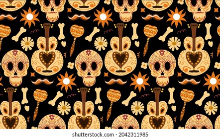 Day of the dead seamless pattern. Dia de los Muertos hand drawing repeating texture. Mexican holiday Halloween with sugar skulls background wallpaper or paper. Vector illustration