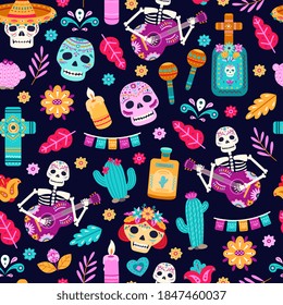 Día del patrón sin costuras. Decoración de flores, elegante impresión de las vacaciones de halloween. Calavera de azúcares de moda, esqueletos artísticos mexicanos textura vectorial