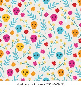 Day of the dead seamless pattern with flowers, leaves, branches, sculls on white background. Dia de los muertos. Perfect for Mexican holidays, wallpaper, wrapping paper, fabric. Vector illustration