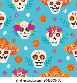 Day of the dead seamless pattern with flowers, marigold, scull, leaves on cyan background. Dia de los muertos. Perfect for Mexican holidays, wallpaper, wrapping paper, fabric. Vector illustration