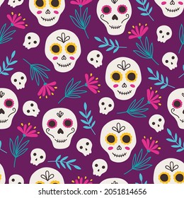 Día del patrón sin costura muerto con flores y cráneos en fondo violeta. Dia de los muertos. Perfecto para las vacaciones mexicanas, papel pintado, papel envolvente, tela. Ilustración del vector