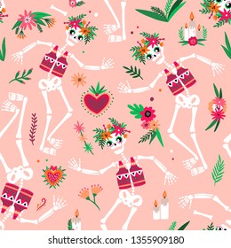Day Of The Dead seamless pattern with funny skeletons dancing and celebrating traditional Mexican holiday. Festive vector illustration in flat cartoon style for fabric print, wallpaper, backdrop.
