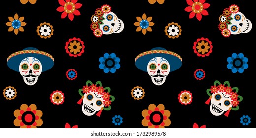 Day of the dead seamless pattern, funny skulls and flowers holiday vector print for textile or paper.