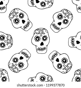 Day of the Dead seamless pattern in hand drawn style. For print, textile, wrapping paper