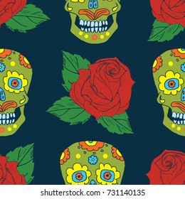 Day of the Dead seamless pattern, hand drawn sugar skulls and roses background, vector illustration.