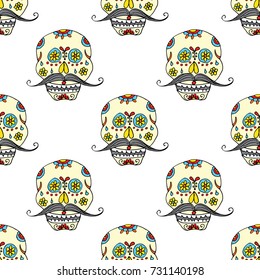 Day of the Dead seamless pattern, hand drawn sugar skulls with mustache background, vector illustration.