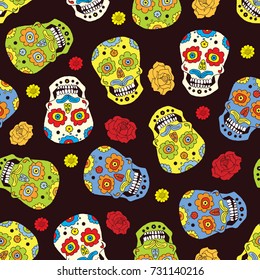 Day of the Dead seamless pattern, hand drawn sugar skulls and roses background, vector illustration.