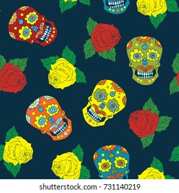 Day of the Dead seamless pattern, hand drawn sugar skulls and roses background, vector illustration.