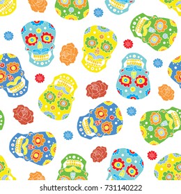 Day of the Dead seamless pattern, hand drawn sugar skulls and roses background, vector illustration.