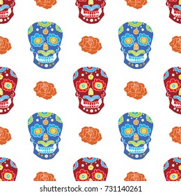 Day of the Dead seamless pattern, hand drawn sugar skulls and roses background, vector illustration.