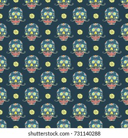 Day of the Dead seamless pattern, hand drawn sugar skulls with moustache background, vector illustration.