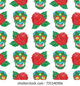 Day of the Dead seamless pattern, hand drawn sugar skulls and roses background, vector illustration.