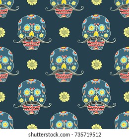 Day of the Dead seamless pattern, hand drawn sugar skulls with mustache background, vector illustration.