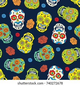 Day of the Dead seamless pattern, handdrawn sugar skulls and roses background, vector illustration.