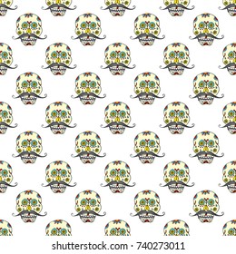 Day Of The Dead Seamless Pattern, Handdrawn Sugar Skulls With Mustache Background, Vector Illustration.