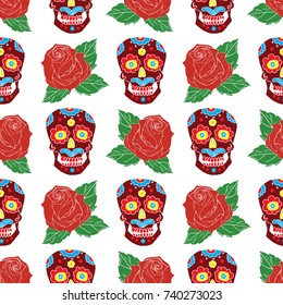 Day of the Dead seamless pattern, handdrawn sugar skulls and roses background, vector illustration.