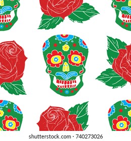 Day of the Dead seamless pattern, handdrawn sugar skulls and roses background, vector illustration.