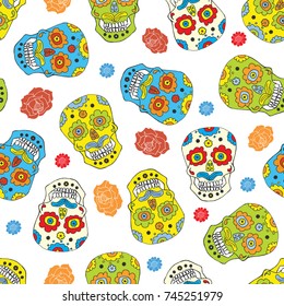 Day of the Dead seamless pattern, handdrawn sugar skulls and roses background, vector illustration.