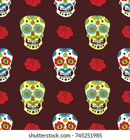 Day of the Dead seamless pattern, handdrawn sugar skulls and roses background, vector illustration.