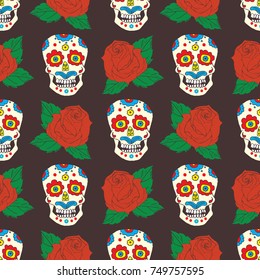 Day of the Dead seamless pattern, handdrawn sugar skulls and roses background, vector illustration.