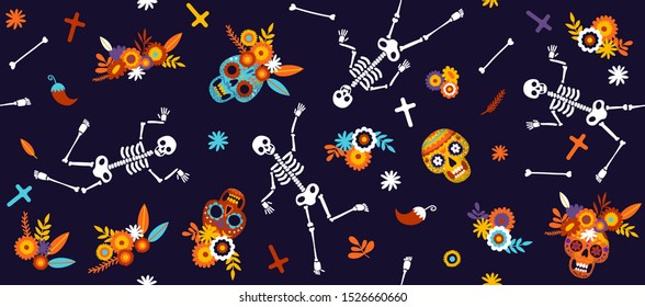 Day of the Dead seamless pattern. Holiday vector illustration with bones and skeletones 