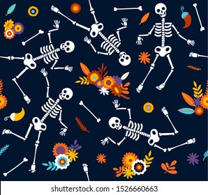 Day of the Dead seamless pattern. Holiday vector illustration with bones and skeletones 