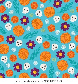 Day of the dead seamless pattern with leaves, skull, flowers, marigold on turquoise background. Dia de los muertos. Perfect for Mexican holidays, wallpaper, wrapping paper, fabric. Vector illustration