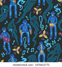 Day of the Dead seamless pattern with Mexican folk art skeleton band, flowers and ghosts. Seamless repeating background - Vector