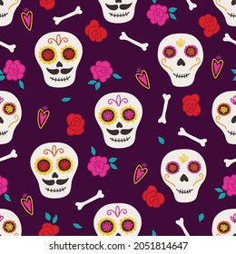 Day of the dead seamless pattern with roses, bones, hearts, skulls on violet background. Dia de los muertos. Perfect for Mexican holidays, wallpaper, wrapping paper, fabric. Vector illustration