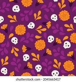 Day of the dead seamless pattern with scull and marigold on violet background. Dia de los muertos. Perfect for Mexican holidays, wallpaper, wrapping paper, fabric. Vector illustration