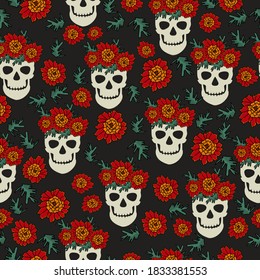 Day of the dead seamless pattern, skull in floral wreath and marigolds on dark gray background, dia de los muertos vector illustration for design and creativity