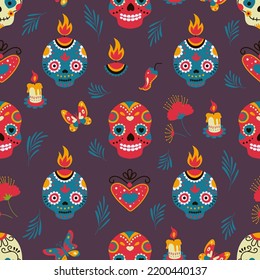 Día de muerte sin costura con cráneo y flores. Impresión gótica floral mexicana, esqueleto vintage textura de halloween. Caricatura vectorial de hoy calaveras de azúcar