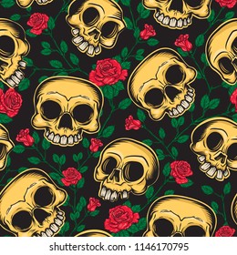 Day of the dead seamless pattern of skulls and flowers in Mexican style. Vector illustration of three skulls and brunch of roses on background.