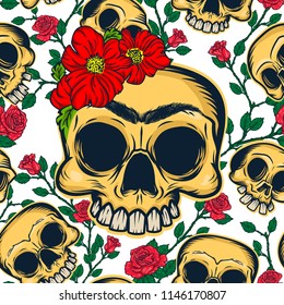Day of the dead seamless pattern of skulls and flowers in Mexican style. Vector illustration of Frida Khalo skull with flowers wreath  and brunch of roses and skulls on background.