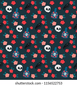 Day of the dead seamless pattern with skulls, roses and coffin. Mexican traditional holiday. Editable vector illustration