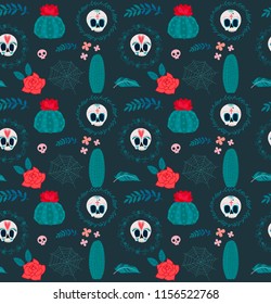 Day of the dead seamless pattern with skulls and cactus. Mexican traditional holiday. Editable vector illustration